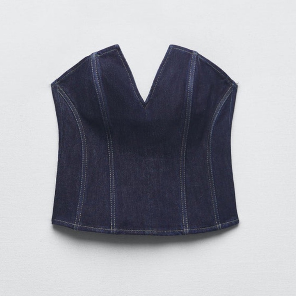 NWT Zara Navy Denim Bustier Top - Size XL